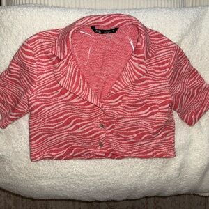 Zara Coral and White Knit Jacket